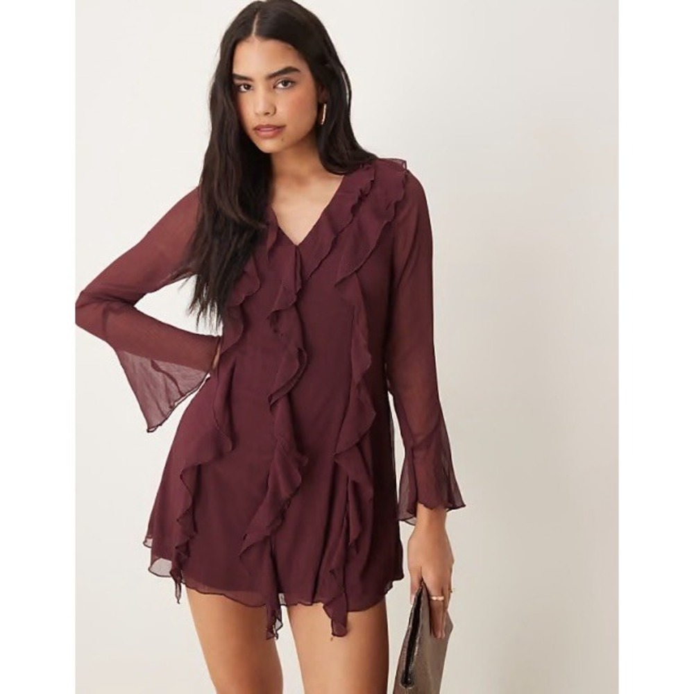 Zara Womens XL Short Ruffle Dress Whimsy Goth Chiffon Romantic Wine, Bell Sleeve